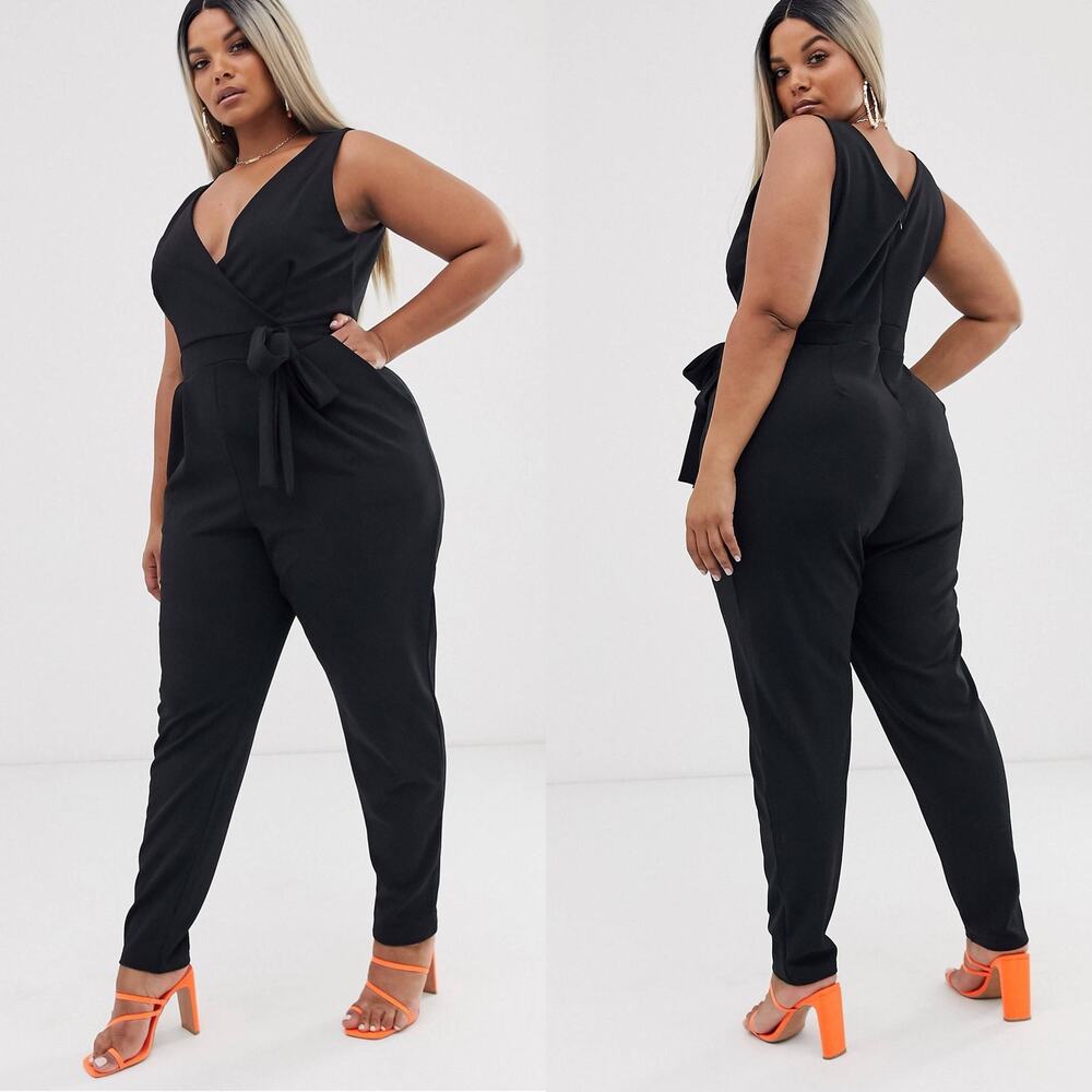 ASOS Outrageous Fortune Tie Waist Jumpsuit V-Neck Faux Wrap Black Sz 22 Cocktail